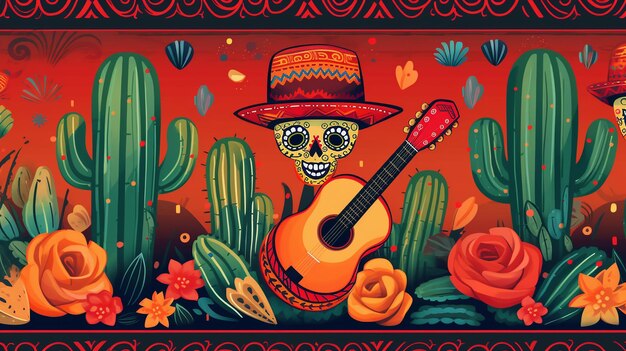 Happy cinco de mayo cactus mariachi веб-баннер Generative AI