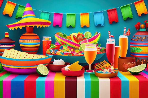 Happy Cinco de Mayo kleurrijke feesttafel Generative Ai