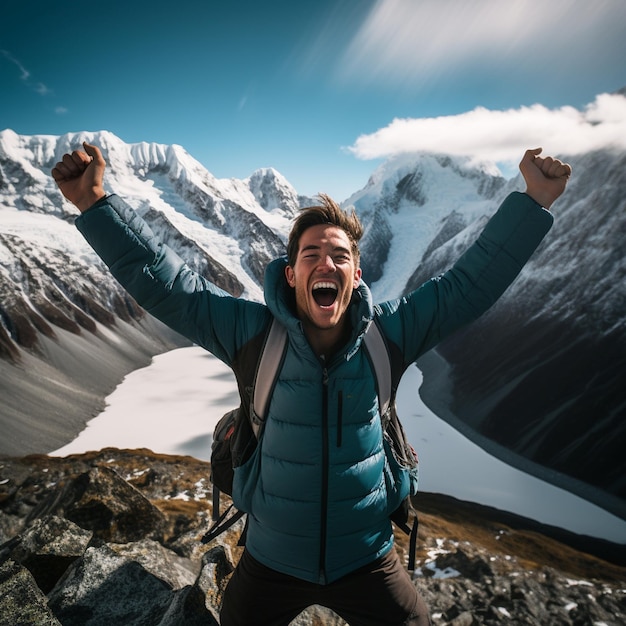 幸せな登山者ハイカーが山の頂上に到達する