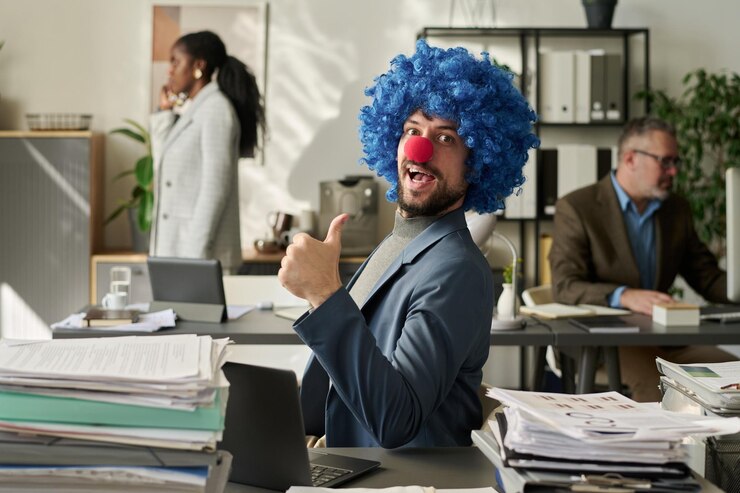 Photo happy clown employee showing thumb up
