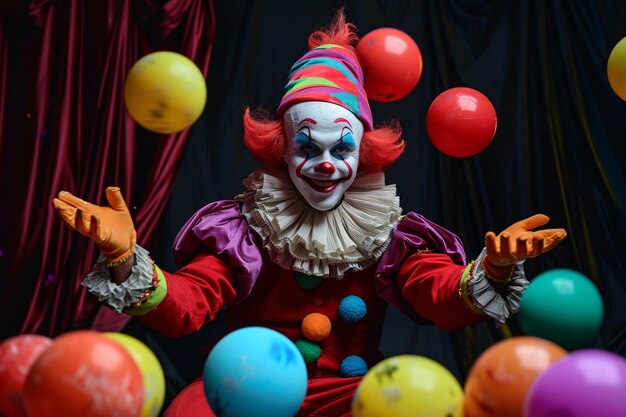 Foto clown felice con palle colorate