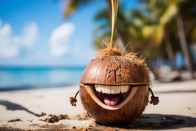 Happy Coconut op een tropisch strand met palmbomen op de achtergrond