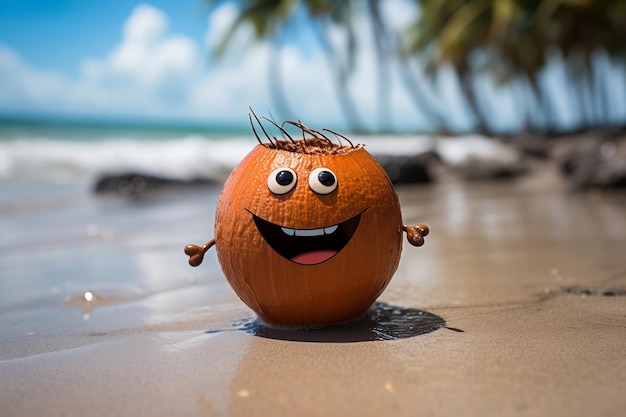 Happy Coconut on a Tropical Beach with Palm Trees in the Background