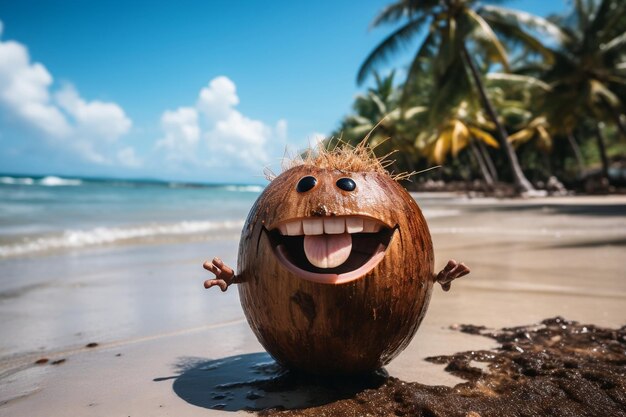 Happy Coconut on a Tropical Beach with Palm Trees in the Background