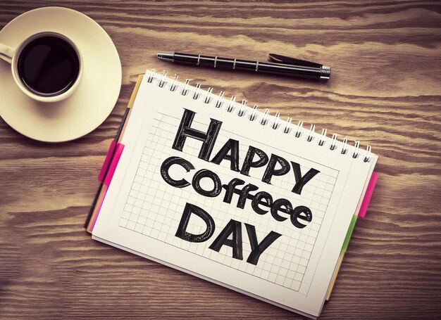 Happy coffee day on notepad with coffee and pen retro style