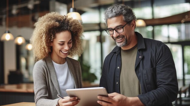 Happy colleagues in business casual attire are standing in an office atrium smiling and looking at a tablet together