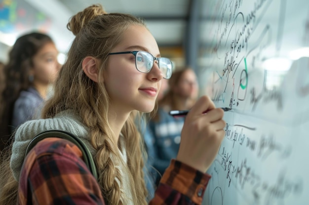 Happy college student writing equation on white board in class Satisfied young