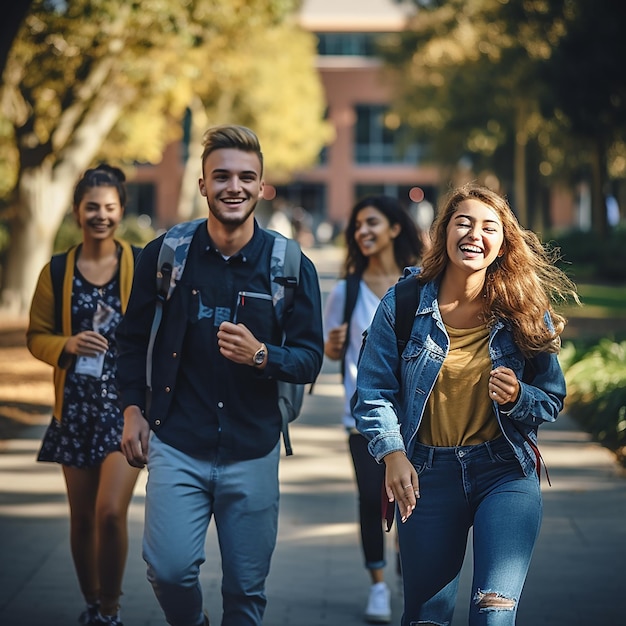 Happy College Students Walking Together FullLength