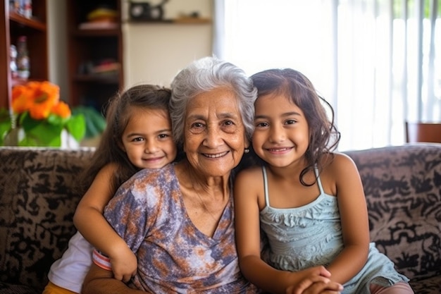 Happy Colombian family celebrates Mothers Day with a loving hug