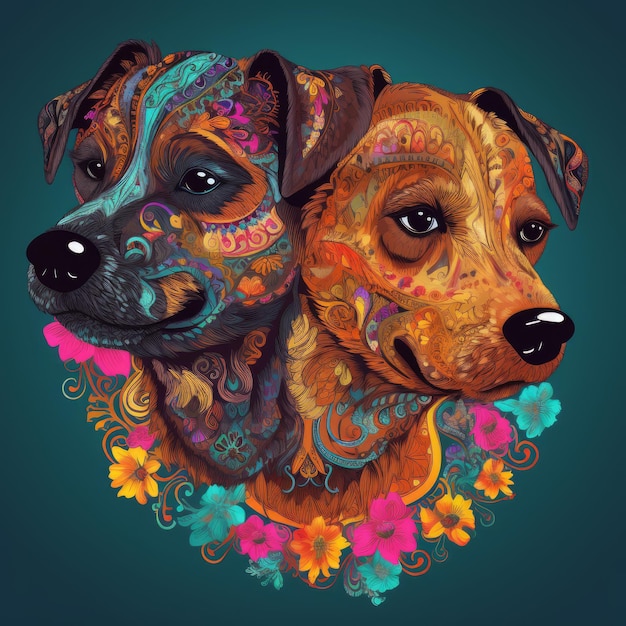Счастливый красочный богато украшенный портрет собак, генеративный ИИ