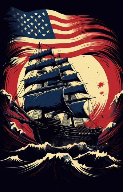 Foto felice giorno di colombo festa nazionale americana bandiera degli stati uniti e nave a vela caravella santa maria stile vintage