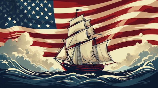 Photo happy columbus day american national holiday flag of usa and sailing ship caravel santa maria vintage style