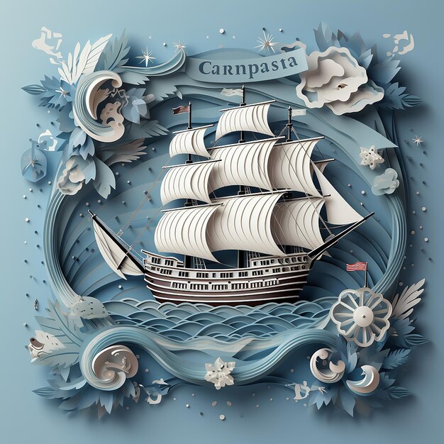 Happy columbus day greeting card blue caravel on circle with blue waves