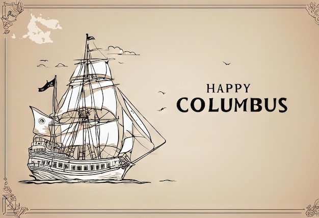 Photo happy columbus day greeting card caravel on with waves flags in image