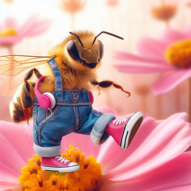 Happy comic bee wearing jeans earphones and snikers at flower at sunrise macro close up shot