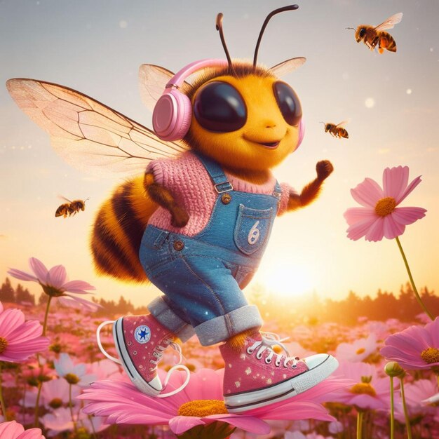 happy comic bee wearing jeans earphones and snikers at flower at sunrise macro close up shot