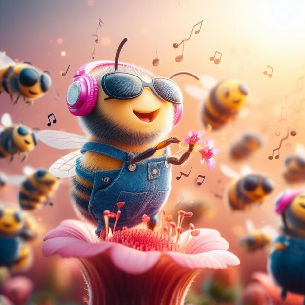 happy comic bee wearing jeans earphones and snikers at flower at sunrise macro close up shot