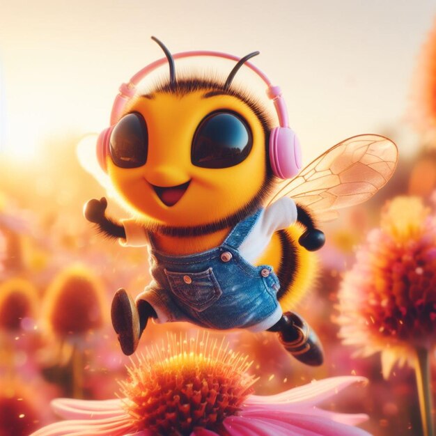 Photo happy comic bee wearing jeans earphones and snikers at flower at sunrise macro close up shot