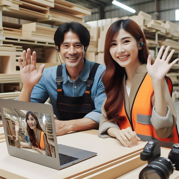 Happy company manager and female worker waving during video call at woodworking production facility