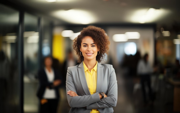 Photo happy confident businesswoman with office background