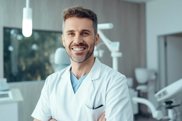 Photo happy confident dentist in a white coat examining