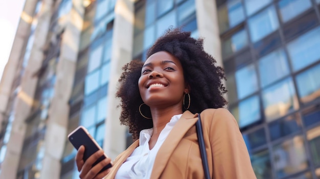 Happy confident young African American business woman using cell mobile phone outdoor