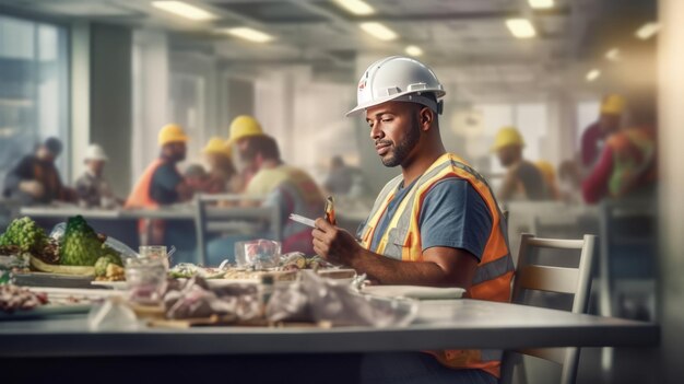 Photo happy construction worker dining in site cafeteria