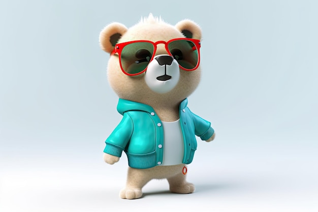 背景に服とサングラスを身に着けた全身のクマの幸せでクールな 3D キャラクター ジェネレーティブ AI