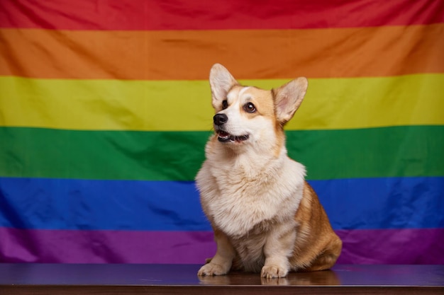 A happy corgi dog smiles sweetly in front of a rainbow LGBT flag