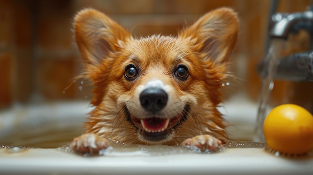 Happy Corgi Enjoying Bath Time With Rubber Duck