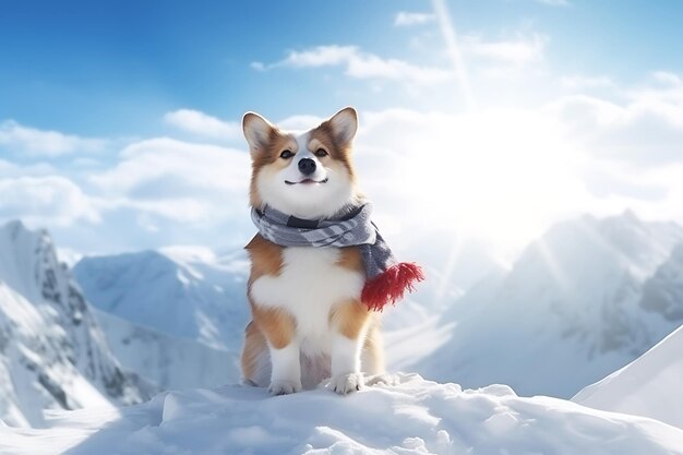 Happy corgi in a warm scarf posing on the top of a mountain in sunny weather Horizontal photo