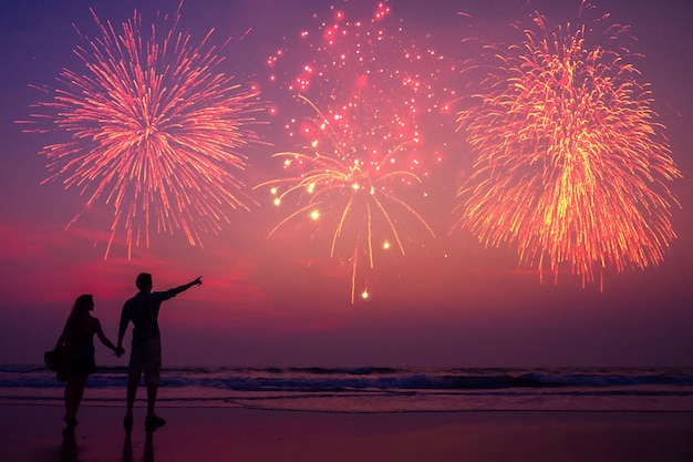 happy couple on the beach enjoying the sunset concept of independence of america and valentines day