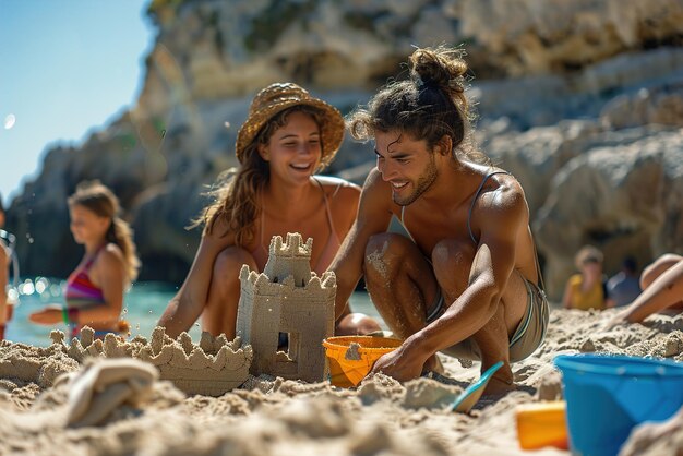 Photo happy couple building sandcastle on sunny beach