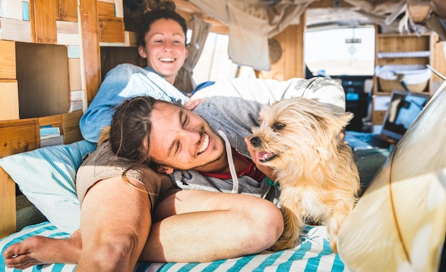 happy couple in camper van