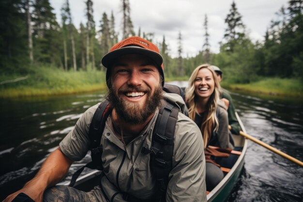 Happy couple canoeing in a forest river with focus on the man in the foreground