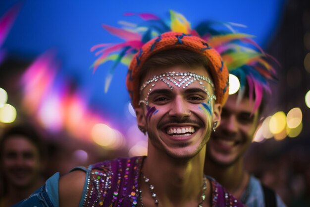 Happy couple celebrating at lgbtq gay pride parade in sao paulo pride day and month in brazil