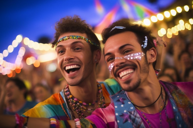 브라질 상파울루 프라이드 데이와 월의 LGBTQ 게이 프라이드 퍼레이드에서 축하하는 행복한 커플