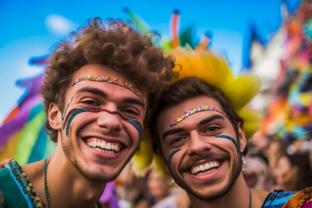 브라질 상파울루 프라이드 데이와 월의 LGBTQ 게이 프라이드 퍼레이드에서 축하하는 행복한 커플