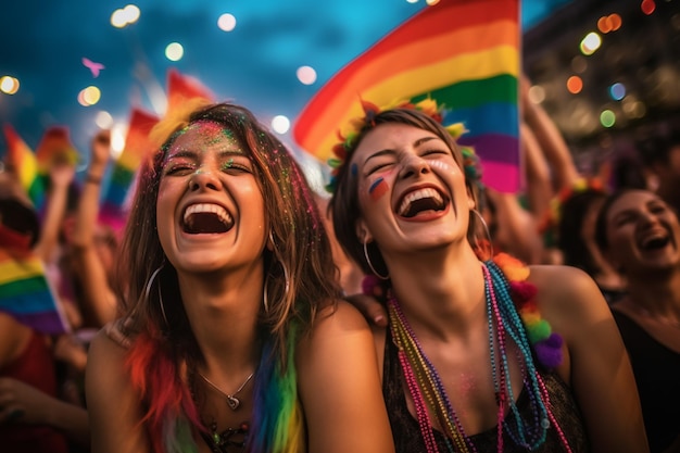 Photo happy couple celebrating at lgbtq gay pride parade in sao paulo pride day and month in brazil