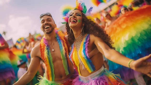 Happy Couple Celebrating at LGBTQ Gay Pride Parade in Sao Paulo Pride Month in Brazil