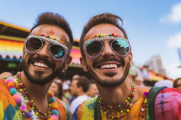 ブラジルのサンパウロでLGBTQ ゲイプライドパレードを祝うハッピーカップル