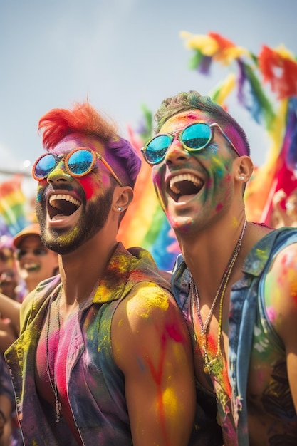 브라질의 사우파울로의 LGBTQ 게이 프라이드 퍼레이드에서 축하하는 행복한 커플