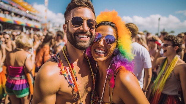 브라질 상파울루 프라이드의 달에 열린 LGBTQ 게이 프라이드 퍼레이드에서 축하하는 행복한 커플