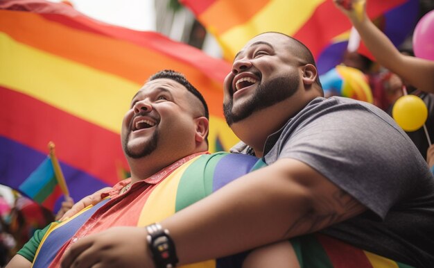 Photo happy couple celebrating at lgbtq gay pride parade in sao paulo pride month in brazil