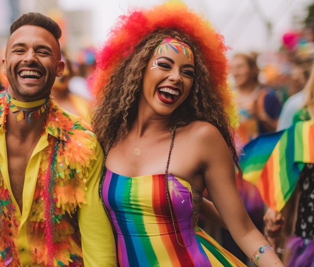 브라질 상파울루 프라이드의 달에 열린 LGBTQ 게이 프라이드 퍼레이드에서 축하하는 행복한 커플