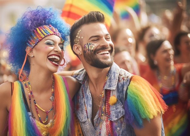 브라질 상파울루 프라이드의 달에 열린 LGBTQ 게이 프라이드 퍼레이드에서 축하하는 행복한 커플