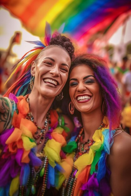 브라질 상파울루 프라이드의 달에 열린 LGBTQ 게이 프라이드 퍼레이드에서 축하하는 행복한 커플