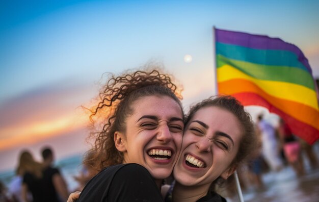 Happy couple celebrating at lgbtq pride parade in tel aviv israel tel aviv israel pride month