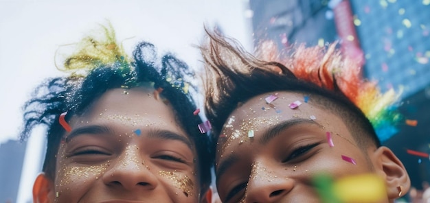 Foto coppia felice che celebra per le strade di new york la lgbtq pride parade