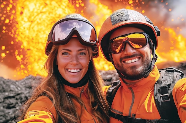 Foto coppia felice di alpinisti viaggiatori sullo sfondo di pericoloso vulcano attivo in eruzione nelle montagne di notte